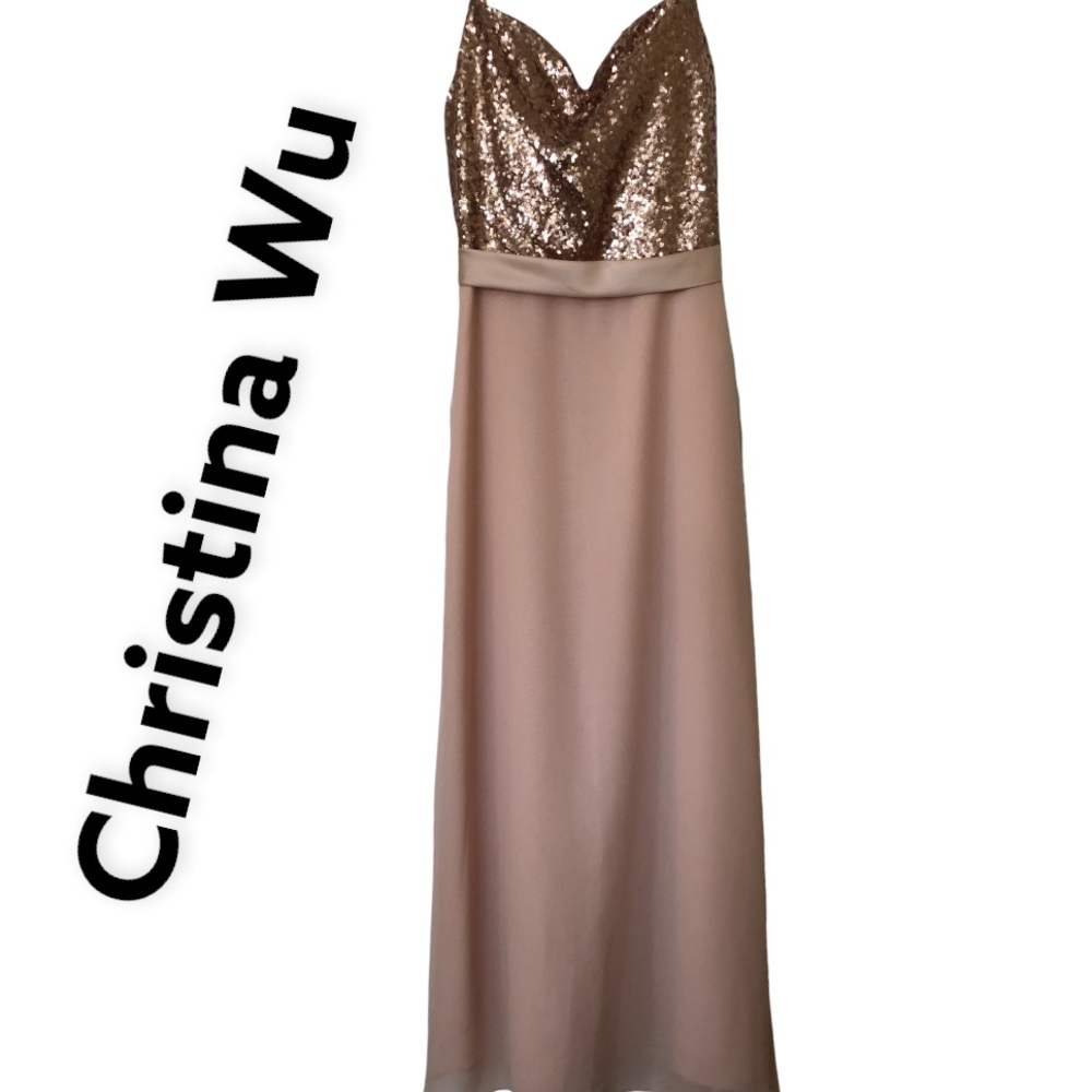 Christina Wu Rosegold Sequined Evening Gown Rose sz6